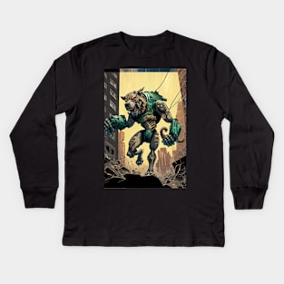 Giant futuristic robot cyborg dog attacking the city Kids Long Sleeve T-Shirt